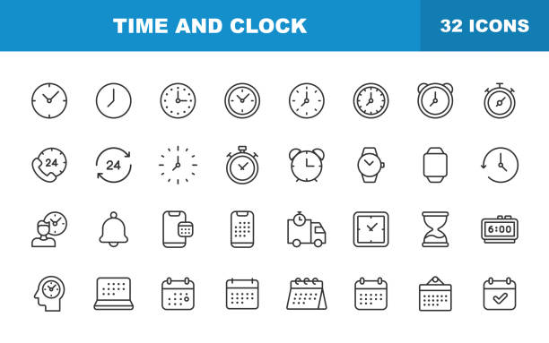 bildbanksillustrationer, clip art samt tecknat material och ikoner med time and clock line icons. editable stroke. contains such icons as 24 hours, alarm clock, appointment, bell, calendar, countdown, date, deadline, delivery. - informationsskylt