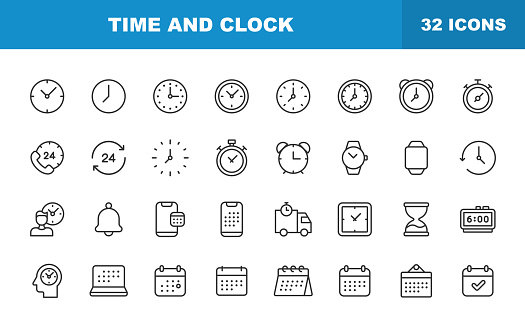Time and Clock Line Icons. Editable Stroke. Contains such icons as 24 Hours, Alarm Clock, Appointment, Bell, Calendar, Countdown, Date, Deadline, Delivery.