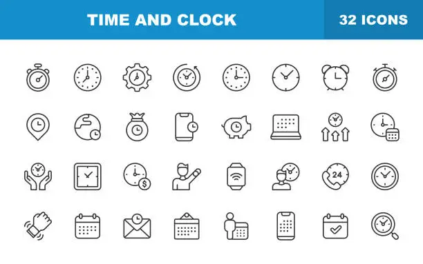 Vector illustration of Time and Clock Line Icons. Editable Stroke. Contains such icons as 24 Hours, Alarm Clock, Appointment, Bell, Calendar, Countdown, Date, Deadline, Delivery.