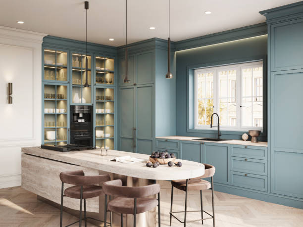 Elegant kitchen interior with high chairs at the kitchen counter in 3d render Computer-generated image of modern kitchen interior. Elegant kitchen interior with high chairs at the kitchen counter in 3d render. kitchen island stock pictures, royalty-free photos & images