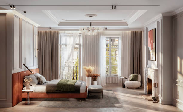 istock Digital render of elegant bedroom interior with access to balcony 1938106051