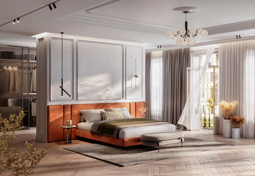 Computer generated image of big bedroom with queen-size bed and walking-in closet at back. 3D rendering of an elegant bedroom interior with access to balcony.