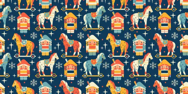 Vector illustration of Vintage bright seamless wallpaper. Playful Noel background with toy horse, little Nutcracker prince. Retro tile background for Christmas wrapping paper, fabric, all over design. Flat style.