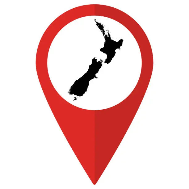 Vector illustration of New Zealand map on map pin icon red color isolated