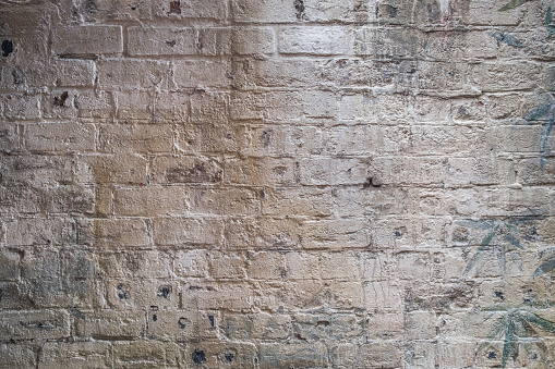 Vintage  whtewashed plastered  old  brick wall  textured background.