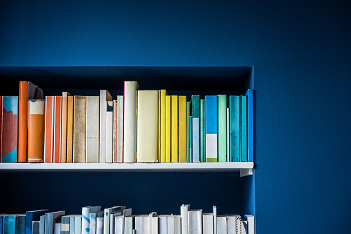 Horizontal corner of a multi-color bookcase arranged in rainbow order against a blue wall.