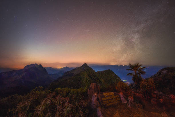 Milky Way Galaxy at Doi Luang Chiang Dao with Thai Language top point signs. Chiang Dao Wildlife Sanctuary, Chiang Mai - Jan 13, 2024.