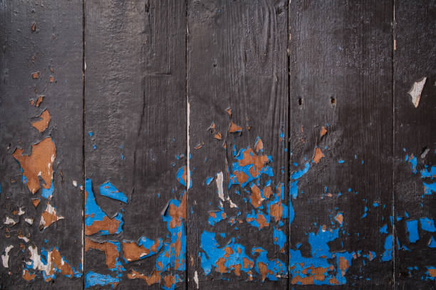 A peeling black wood fence revealing blue and orange paint.