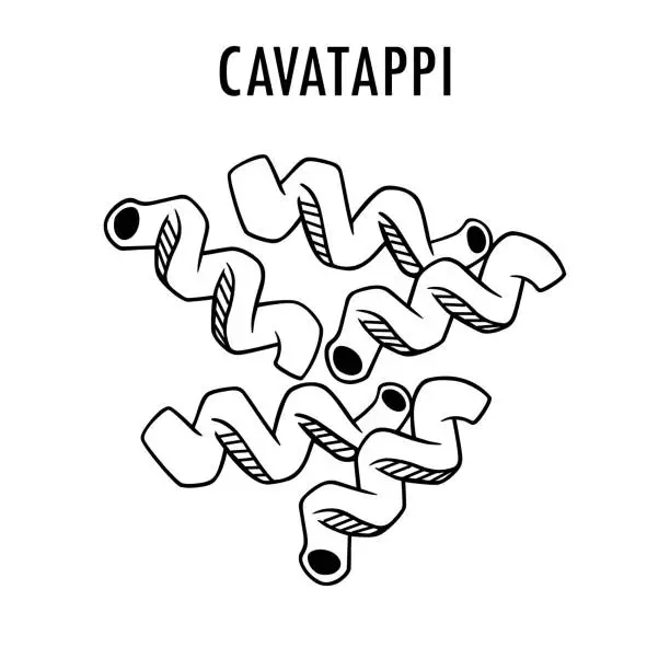 Vector illustration of Cavatappi doodle food illustration. Hand drawn graphic print of short macaroni type of pasta. Vector line art element of Italian cuisine