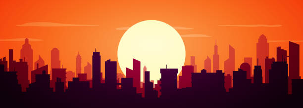 Big City Skyline With Sun Goes Down Big City Skyline With Sun Goes Down cityscape stock illustrations