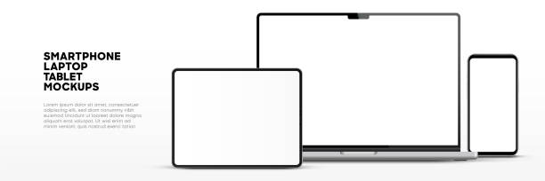 modern laptop mockup front view and high quality smartphone and tablet mockup isolated on white background. notebook mockup and phone device mockup for ui ux app and website presentation.stock vector. - umělý stock ilustrace