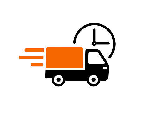 fast delivery truck icon, express delivery logo badge vector template vector icon with truck and orange accent