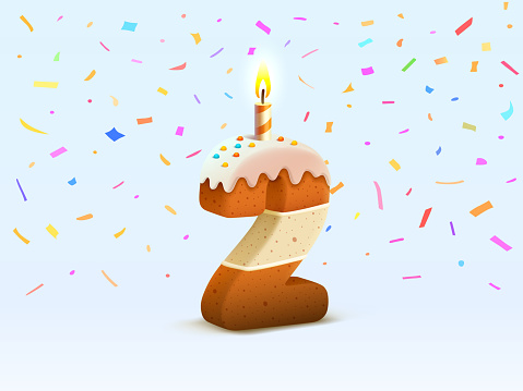 Happy Birthday, person birthday anniversary, Candle with cake in the form of numbers 2. Vector