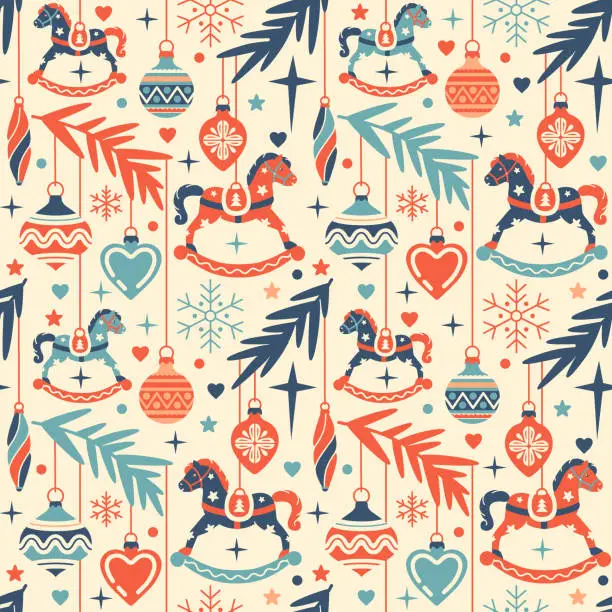 Vector illustration of Retro seamless pattern with flat style Christmas tree decor. Tile Winter background with bauble decorations. Cozy noel endless print for gift, wrapping paper, fabric, all over design