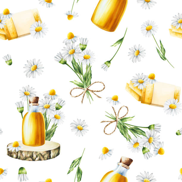 watercolor seamless pattern with white daisy flowers illustration and oil glass bottle with cork cap on a wooden saw isolated on background. chamomile. detail of beauty products and botany set, cosmetology and medicine. for designers, spa decoration - chamomile plant glass nature flower点のイラスト素材／クリップアート素材／マンガ素材／アイコン素材