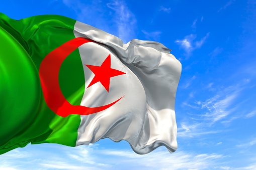 The national flag of Algeria with fabric texture waving in the wind on a blue sky. 3D Illustration