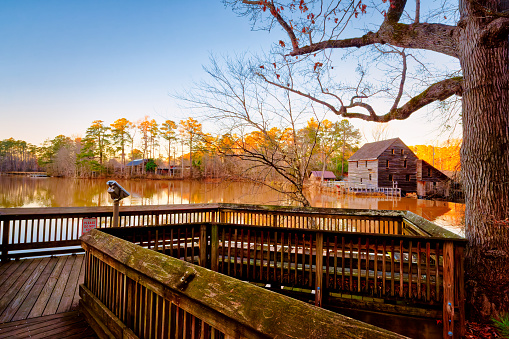 A nice view of the duck pond from the wooden viewing deck at the historic Yates Mill Park in North Carolina, USA.