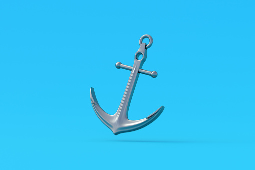 Falling anchor on blue background. Maritime concept. Travel and cruise. Marine equipment. 3d render