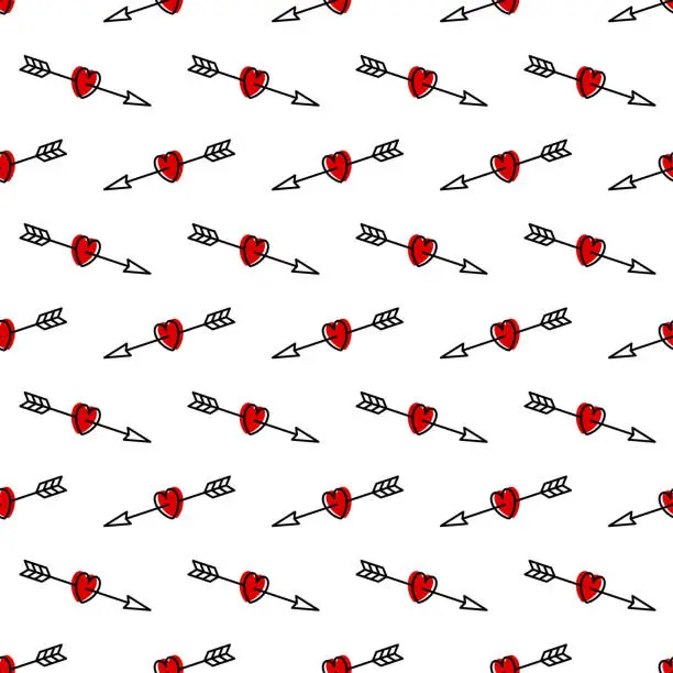 Vector illustration of Small red hearts pierced by an arrow isolated on a white background. Contour linear seamless pattern. Vector simple flat graphic illustration. Texture.