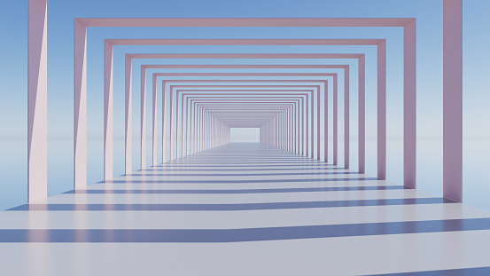 3D illustration of light pink square arches constructions on pier in day light with sun shadows on blue sky, abstract CGI architectural template