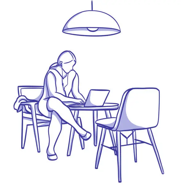Vector illustration of Coffeeshop Space And Working Student Sketch Blue