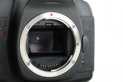 Big Black DSLR Digital Camera full frame sensor on white background.