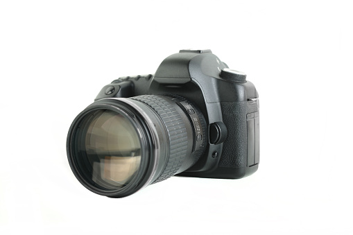 Big Black DSLR Digital Camera full frame sensor with lens on white background.