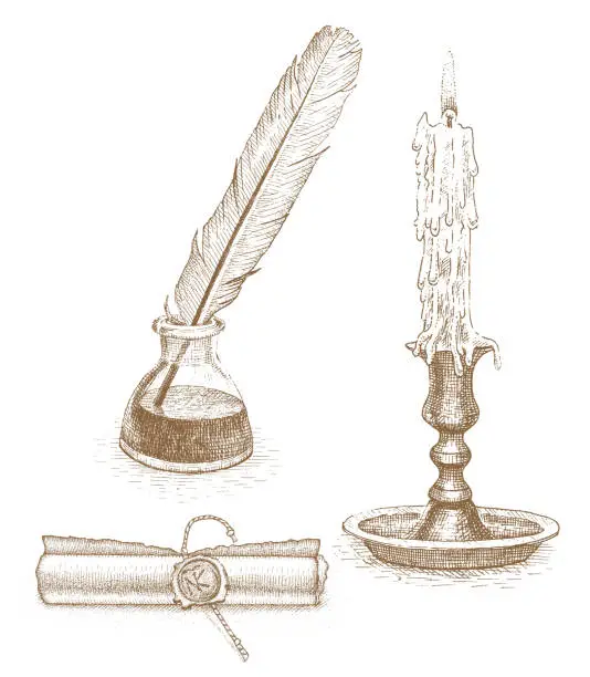 Vector illustration of Ink and pen, paper scroll and candle drawn by hand