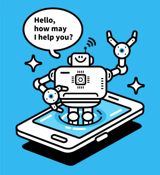 Vector illustration of An AI chatbot assistant appears on the smartphone screen and interacts conversationally