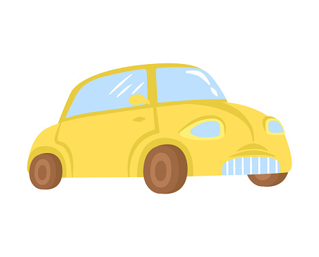 Cute yellow cartoon car with big eyes and smile. Child-friendly vehicle design with a cheerful face. Kid's toy and animated automobile vector illustration.