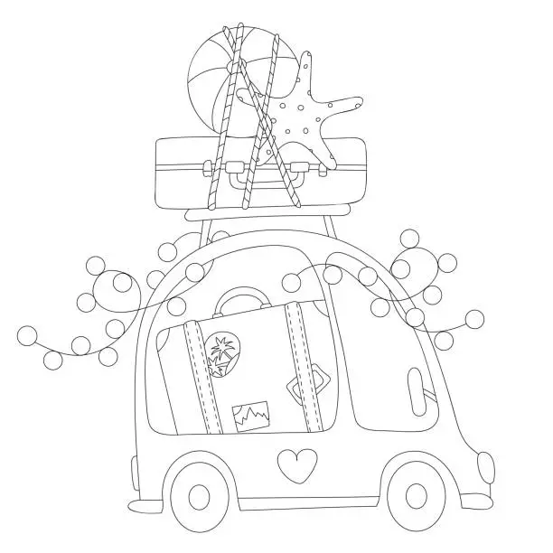 Vector illustration of Coloring Page Vector Illustration: Car With Suitcases And Ball Going On Vacation