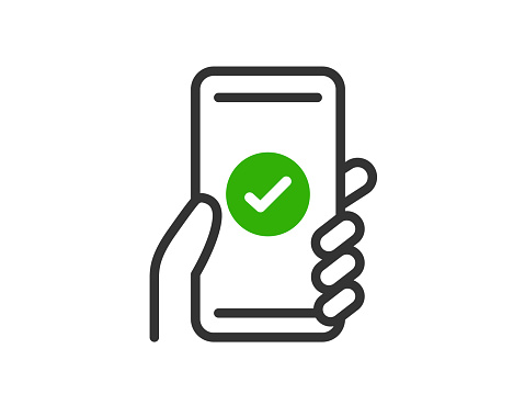 Illustration of a smartphone icon (line drawing) that has been successfully authenticated.