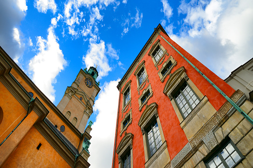 Buildings at historic Stortorget, the iconic landmark plaza on Gamla Stan in the heart of Stockholm, Sweden.