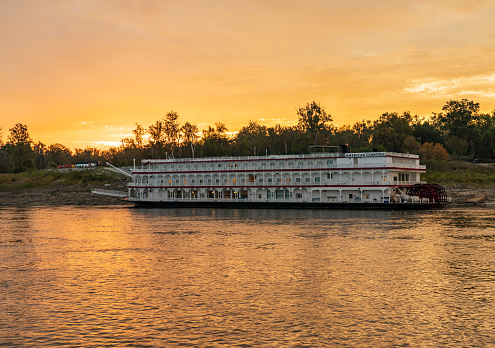 Memphis, TN - 23 October 2023: American Countess cruise boat docked by slipway in low water conditions on Mississippi river in Tennessee