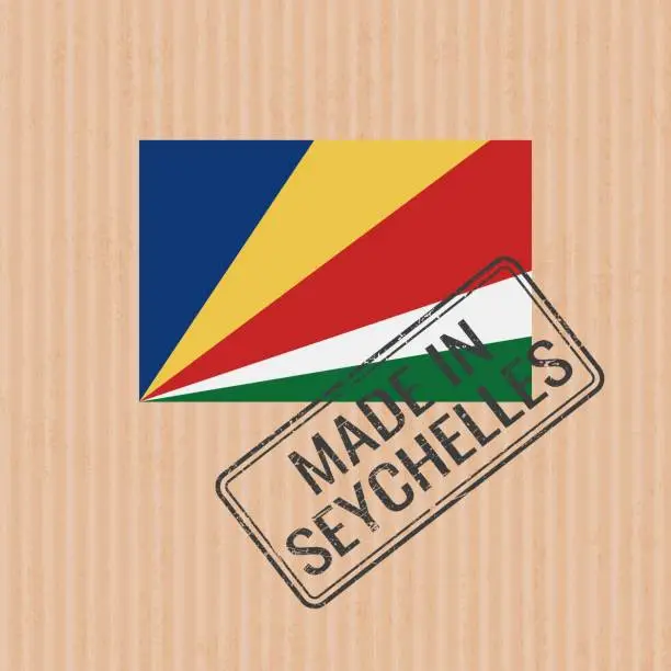 Vector illustration of Made in Seychelles badge vector. Sticker with Seychelles national flag. Ink stamp isolated on paper background.