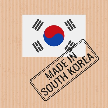 Made in South Korea badge vector. Sticker with South Korean national flag. Ink stamp isolated on paper background.