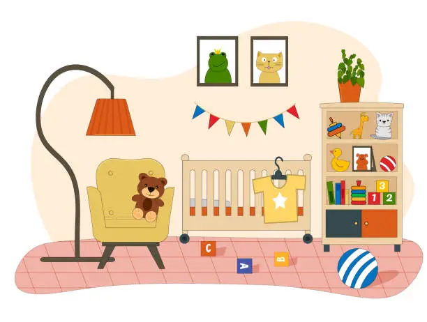 Vector illustration of Interior of a room for a newborn. A bed for a baby, toys and a wardrobe, an armchair with a floor lamp. Vector flat illustration.