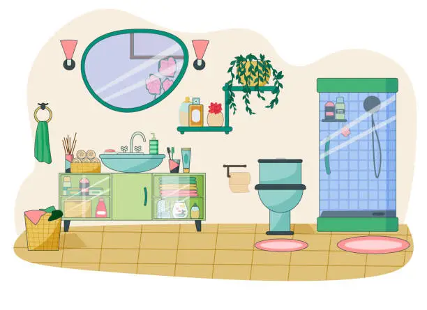 Vector illustration of Bathroom interior with shower. Cabinet with sink, mirror, toilet and hygiene items. Vector.