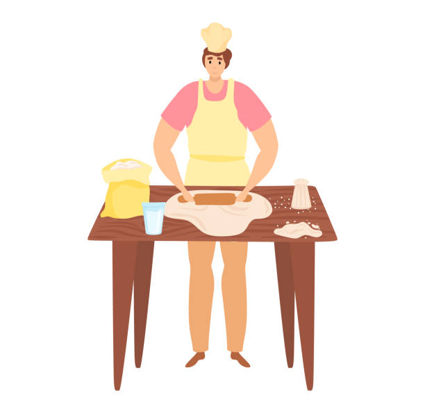 Woman in apron kneading dough on wood table with flour and glass of milk. Home baking and cooking process vector illustration Woman in apron kneading dough on wood table with flour and glass of milk. Home baking and cooking process vector illustration. rolling dough stock illustrations