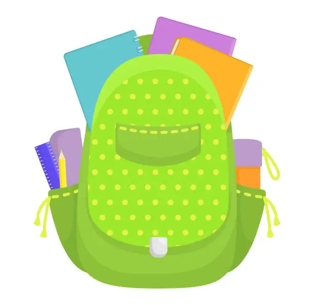 Vector illustration of Green polka dot backpack with colorful notebooks, pencils, ruler. School supplies in rucksack vector illustration