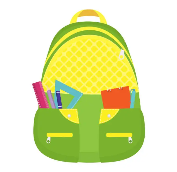 Vector illustration of Bright green backpack with school supplies like ruler, pencils, and notebooks. Education and back to school theme vector illustration