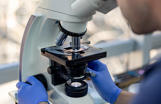 Scientist looking at medical samples under the microscope at the laboratory