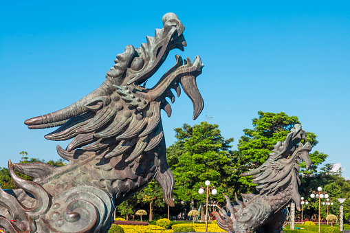 Dragon kite flying in the blue sky.