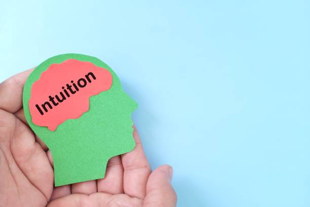 istock Intuition concept. Hand holding human head profile with word text on brain. 1938579592