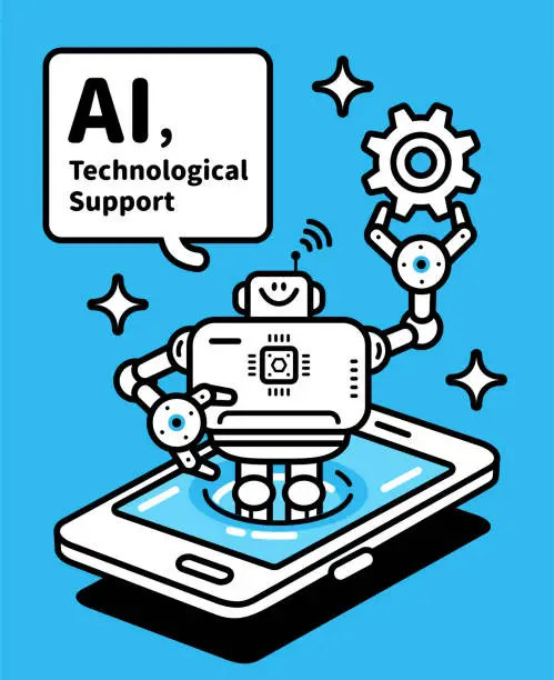 Vector illustration of An AI chatbot assistant appears on the smartphone screen and holds a gear