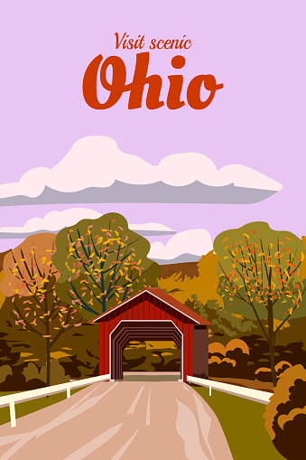 Travel Poster Ohio covered bridge, USA, autumn rural landscape. Fall season countryside, vector illustration, postcard