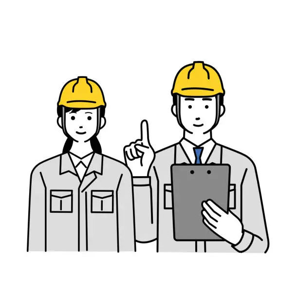 Vector illustration of Simple illustration of male and female workers in work clothes wearing helmets