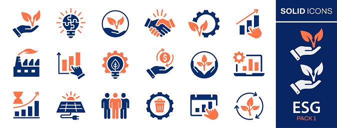 ESG icons, such as ecology, environment social governance, risk management, performance and more.