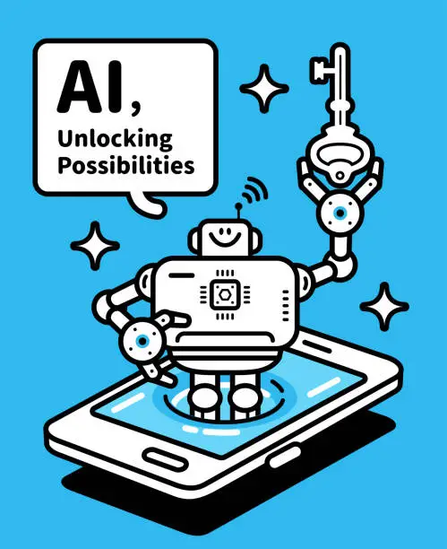 Vector illustration of An AI chatbot assistant appears on the smartphone screen and holds a key