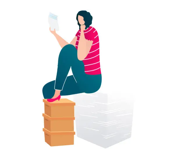 Vector illustration of Woman sitting on stack of books reading a document. Female in casual attire, thoughtful expression, educational concept. Reader engulfed in literature, knowledge acquisition vector illustration